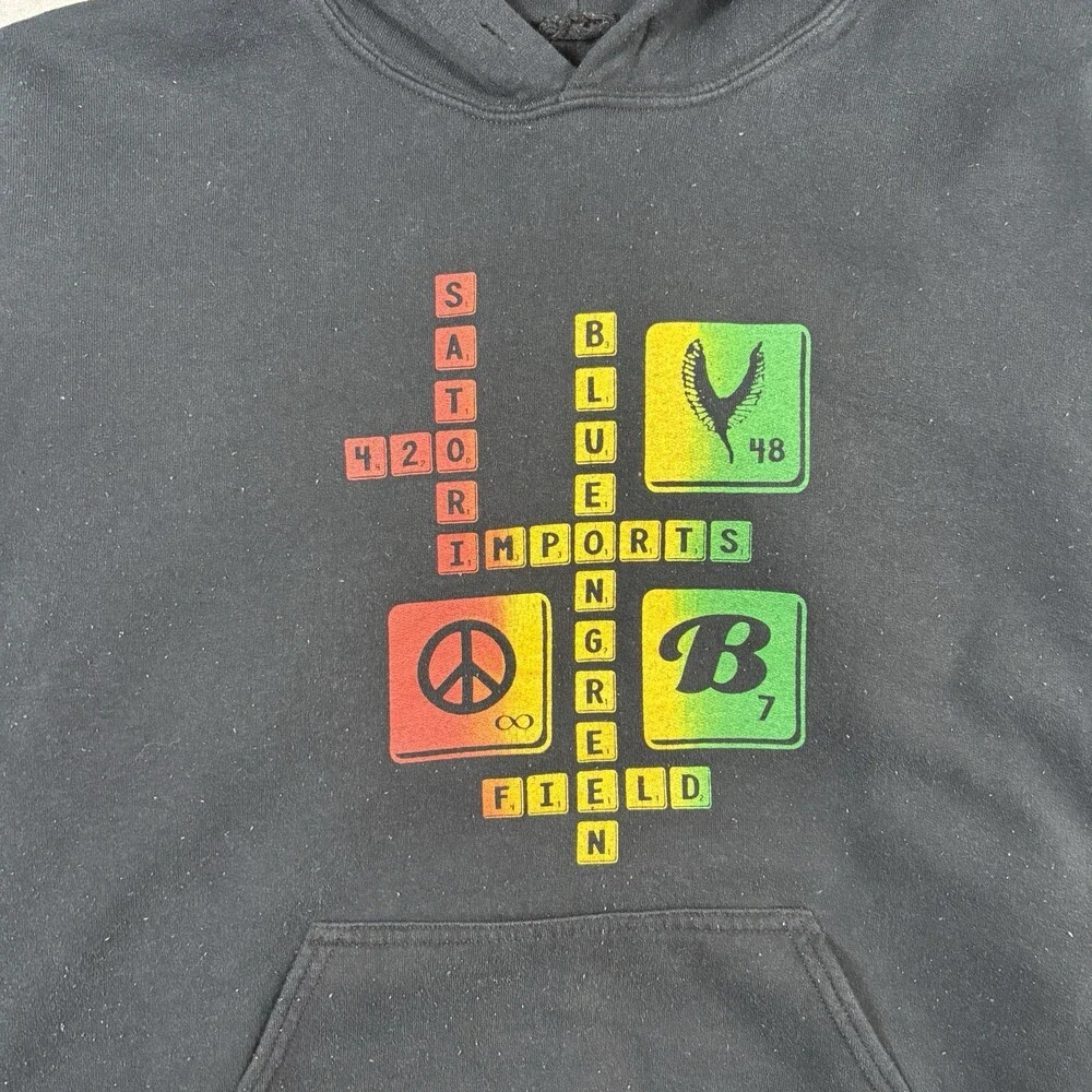 Y2k Black & Yellow Graphic Hoodie with Peace Sign and 420 Design Size Large